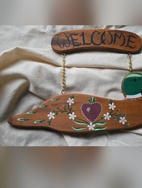 Handcrafted Wooden Welcome Duck  Wall Decor in Brown and Green